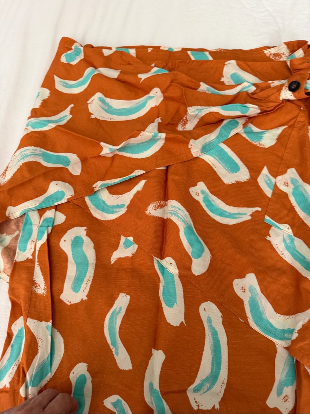 Anthropologie Orange Midi Skirt with Teal and White Brushstroke Print - Picture 3 of 4